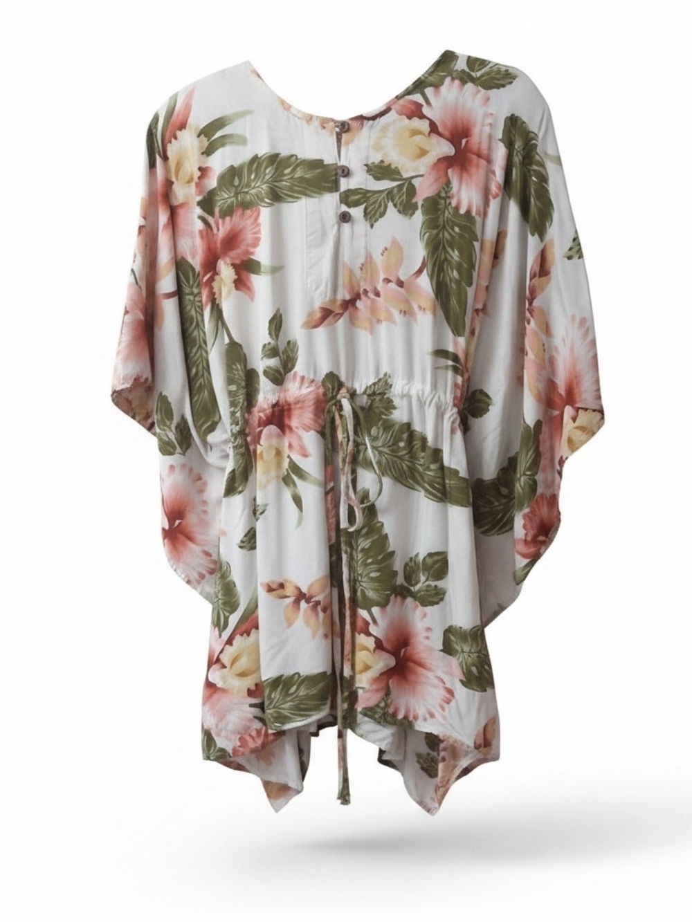 Floral Drawstring Waist Tunic Top - White with Pink & Green